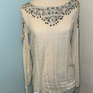 Cotton & crystal embellished shirt w/bare shoulders- long style
